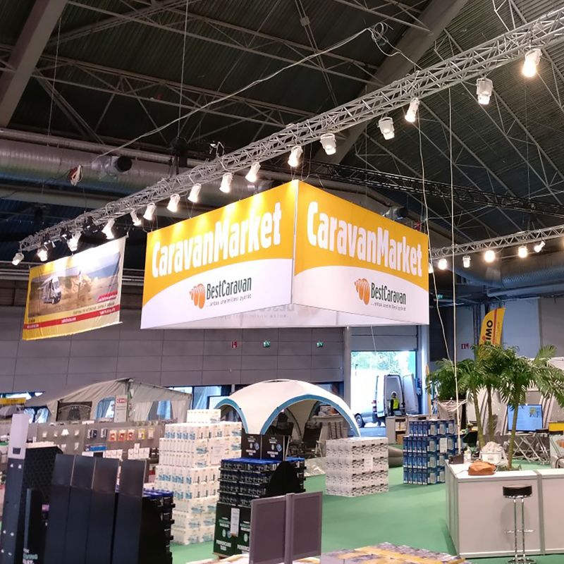Overhead advertisements at the trade fair